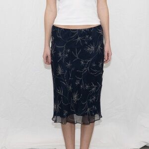 Vintage silk midi skirt navy blue green flower print robbie bee size 6